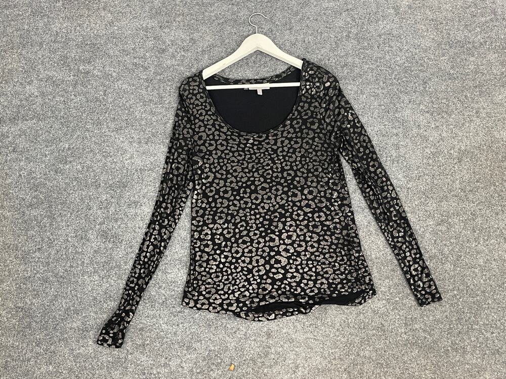 Jennifer Lopez Tunic Blouse Small Leopard Cheetah Long Sleeve Black Shirt N253 - Picture 1 of 8